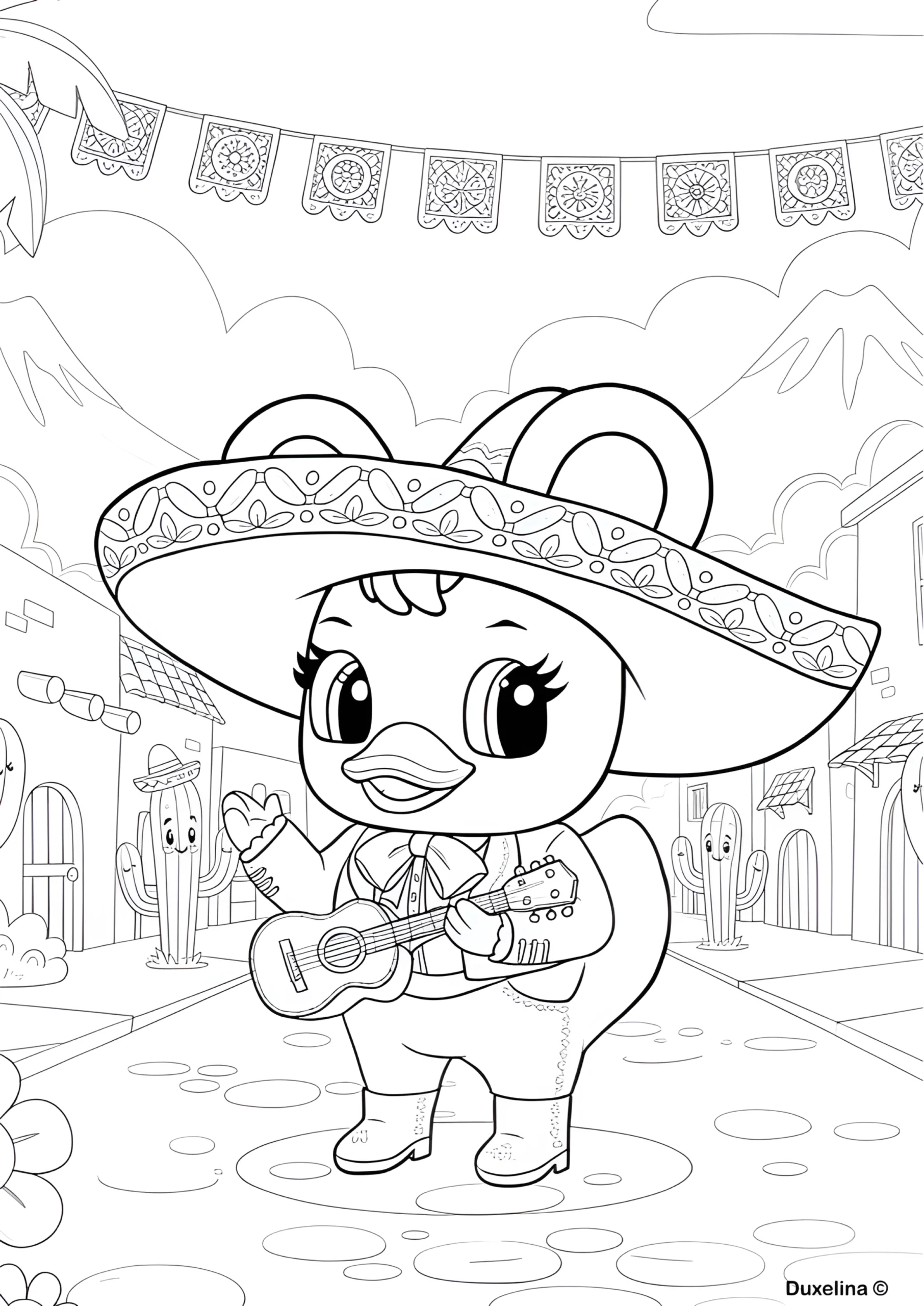 “Dibujo para colorear mariachi infantil de Duxelina con sombrero para colorear y guitarra mariachi, coloración para niños con temática mexicana.”