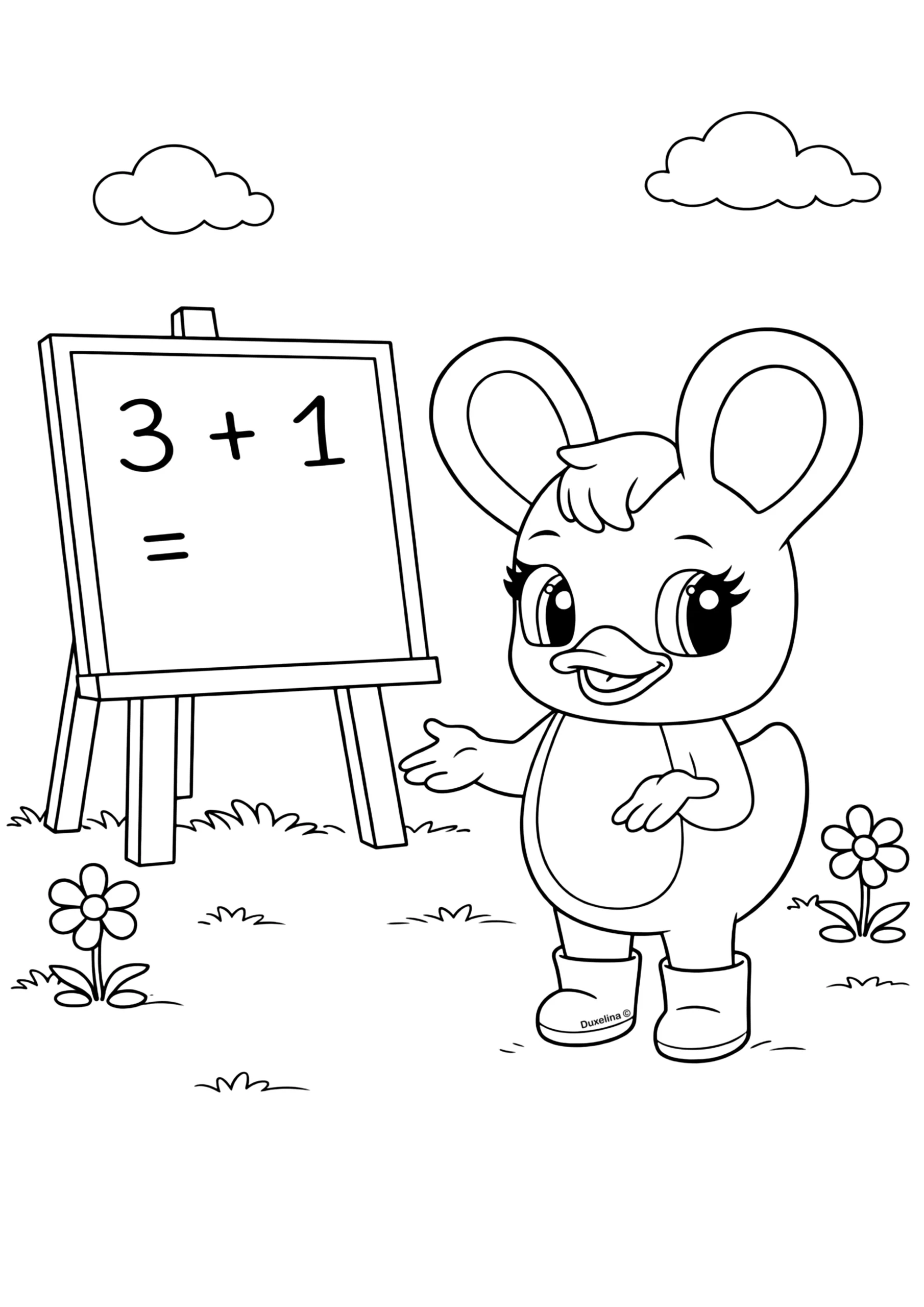 Duxelina aprendendo matemática no quadro desenho para colorir infantil