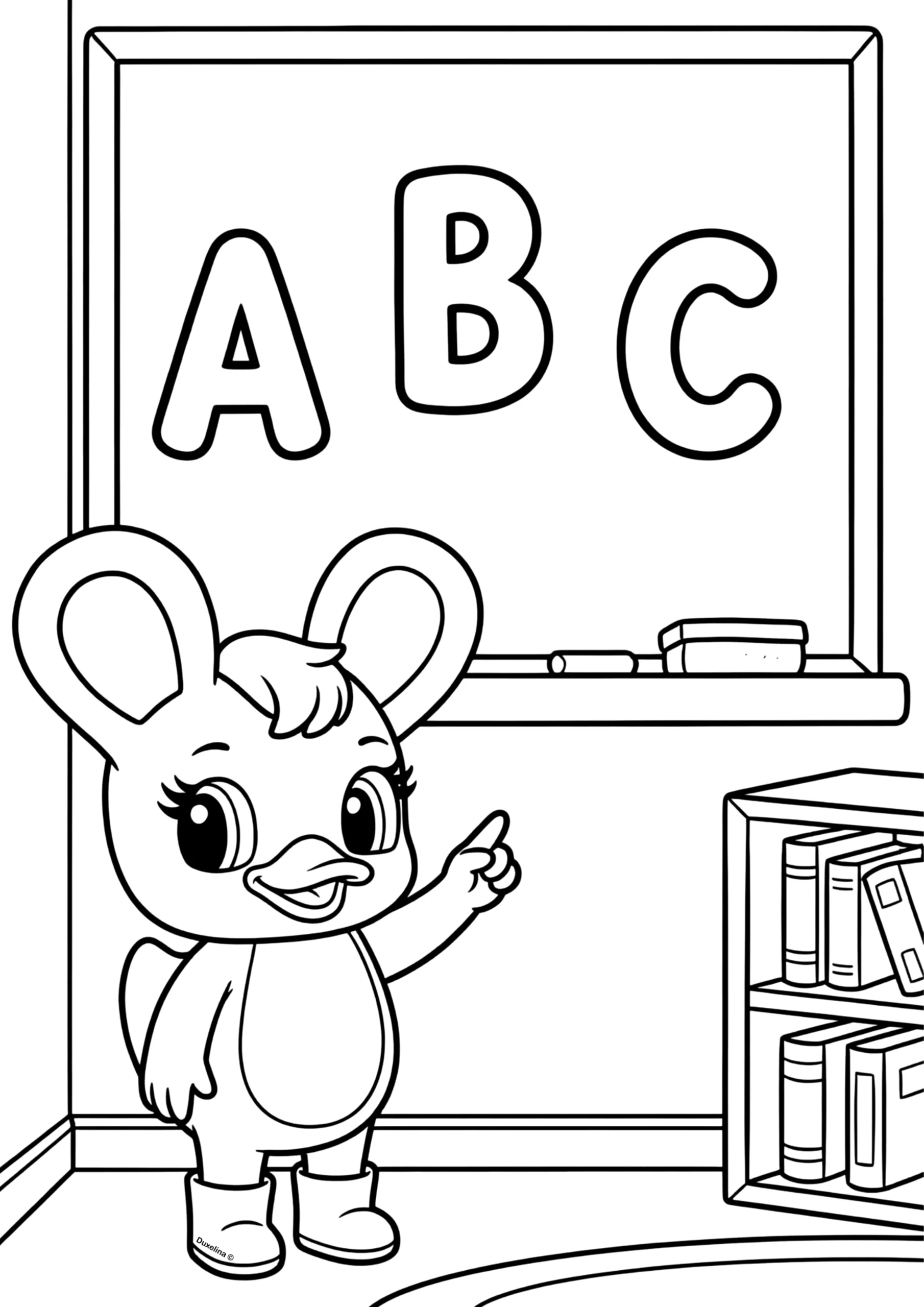 Duxelina aprendendo o ABC no quadro desenho para colorir infantil