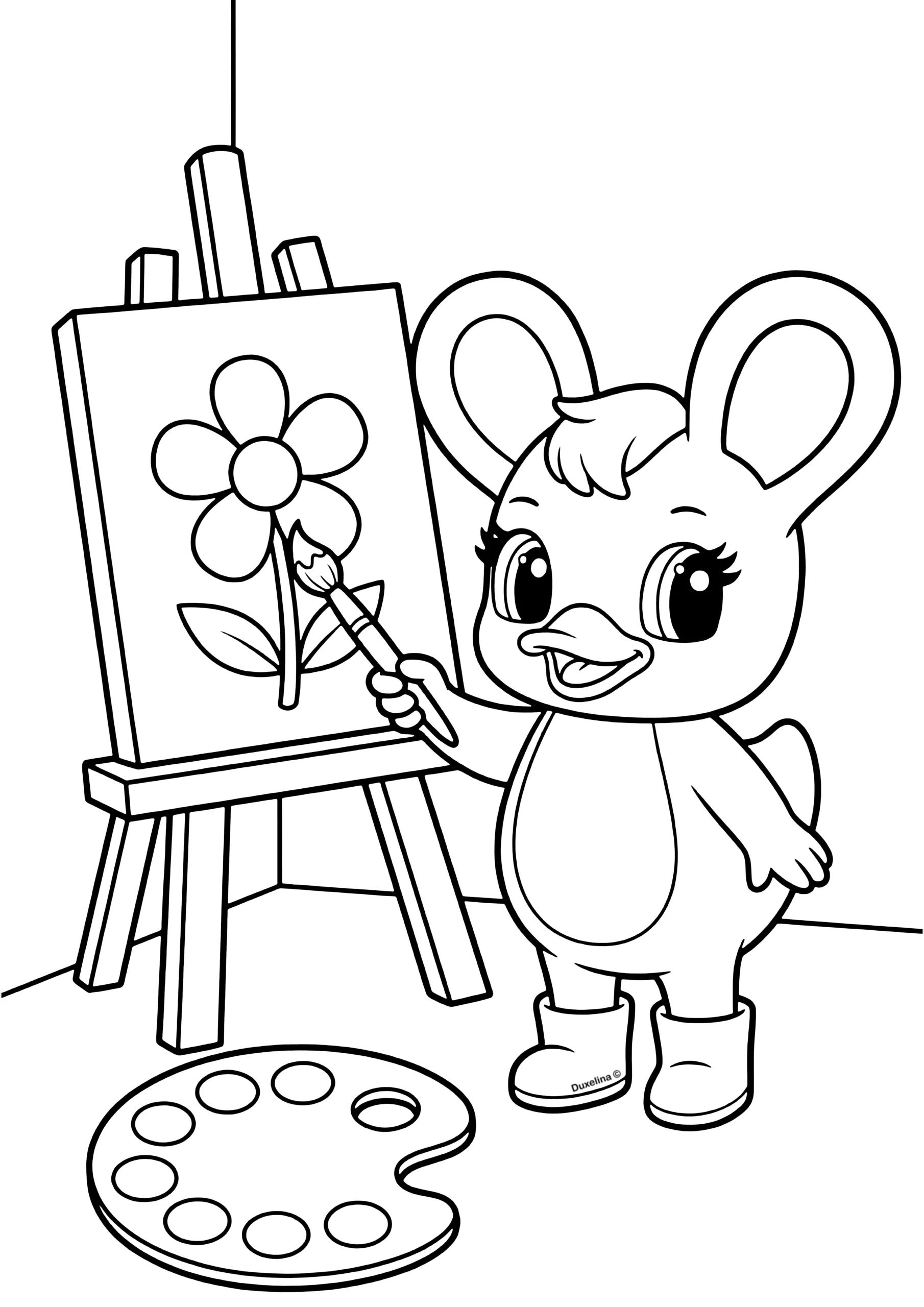 Duxelina pintando em aula de arte desenho para colorir infantil