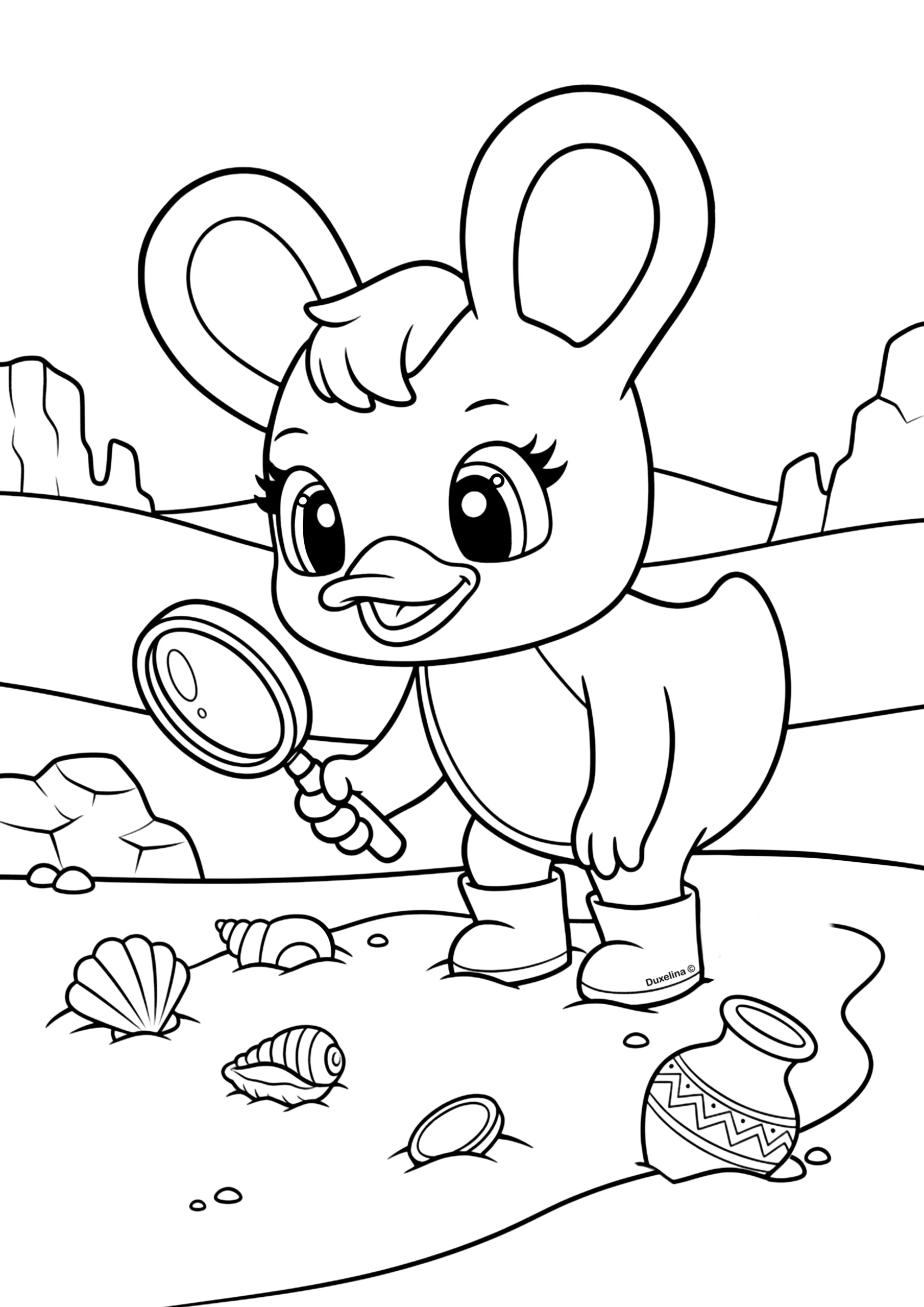 Duxelina explorando conchas marinhas na praia desenho para colorir infantil