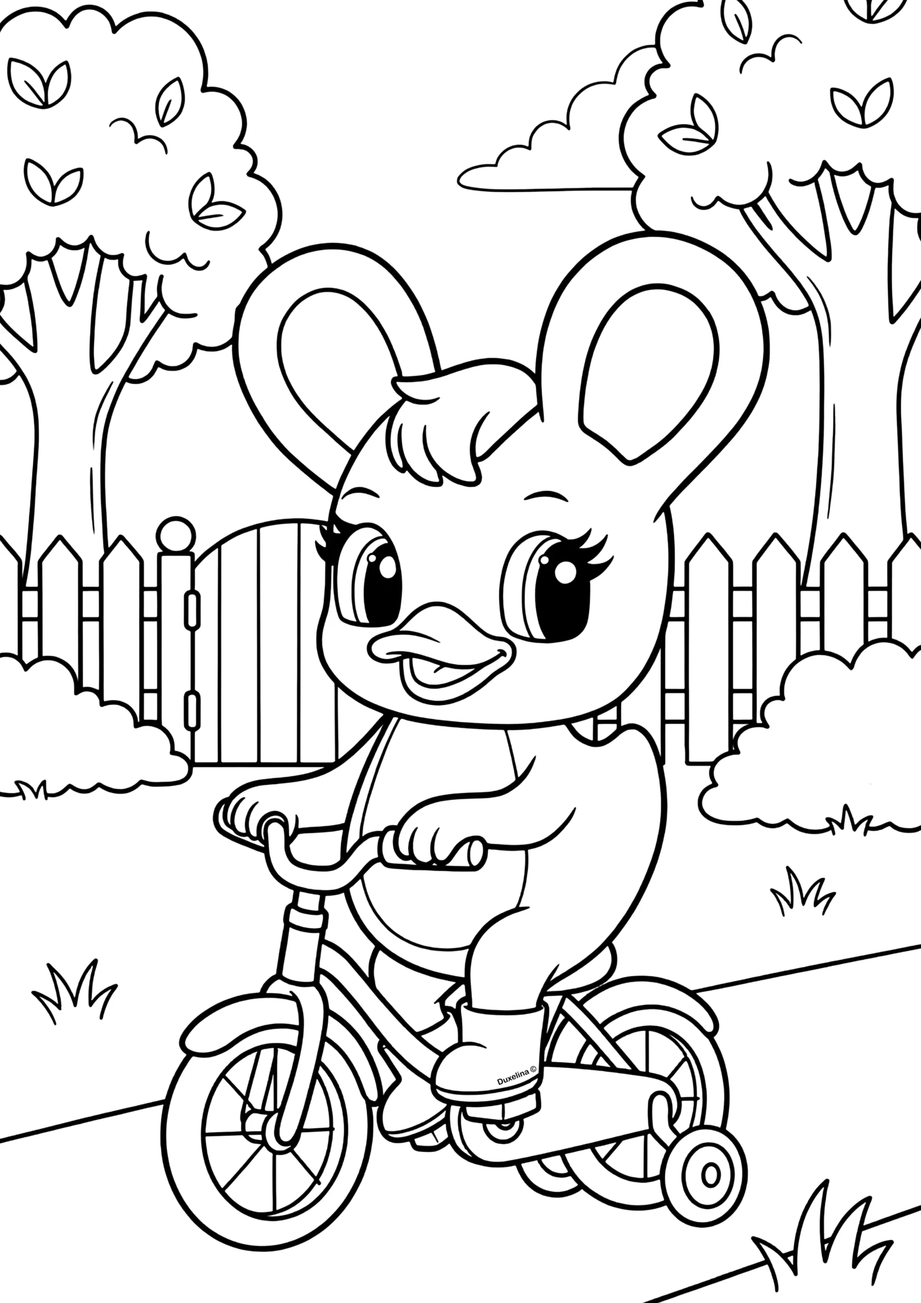 Duxelina andando de bicicleta desenho para colorir infantil