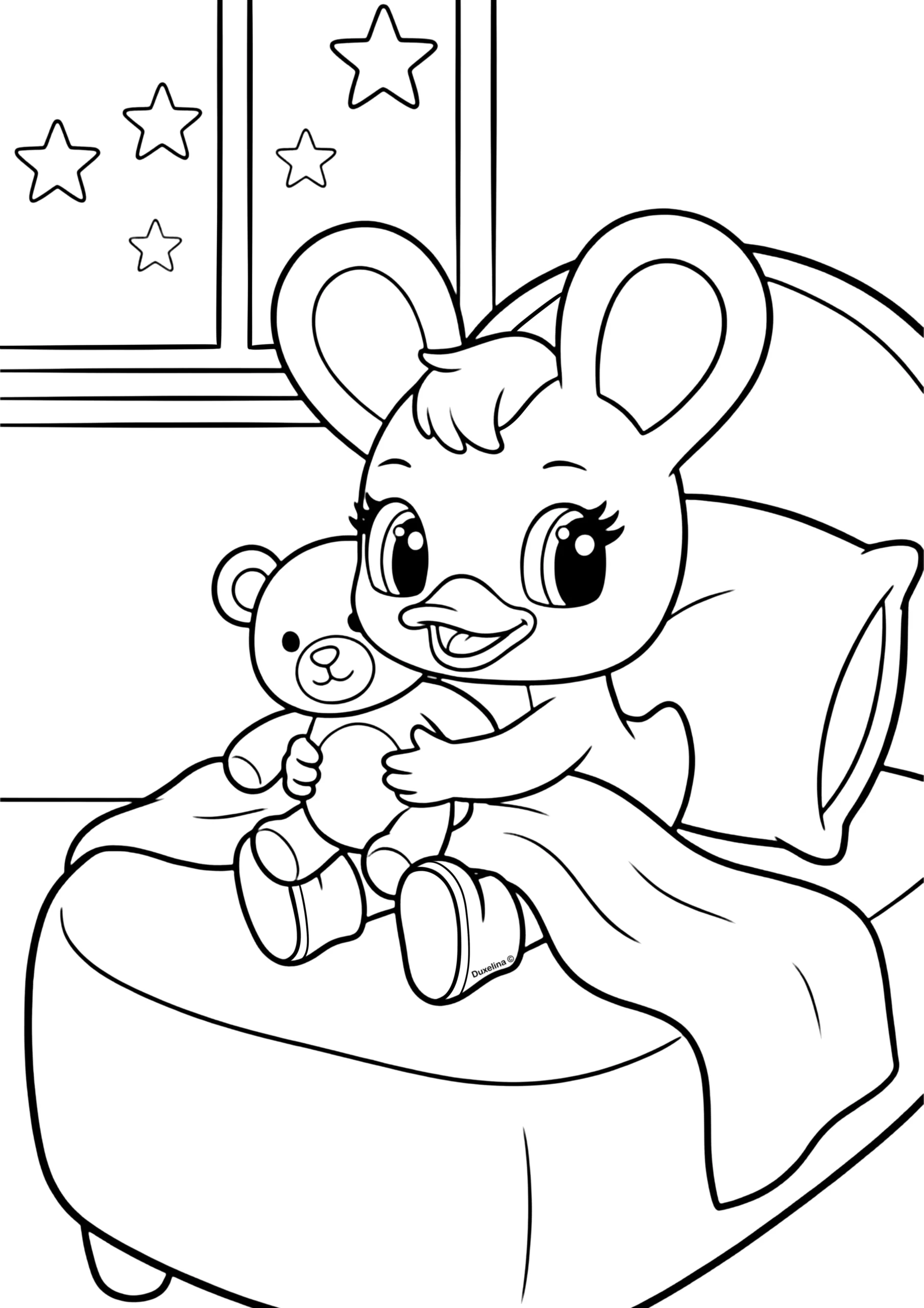 Duxelina na hora de dormir com ursinho desenho para colorir infantil