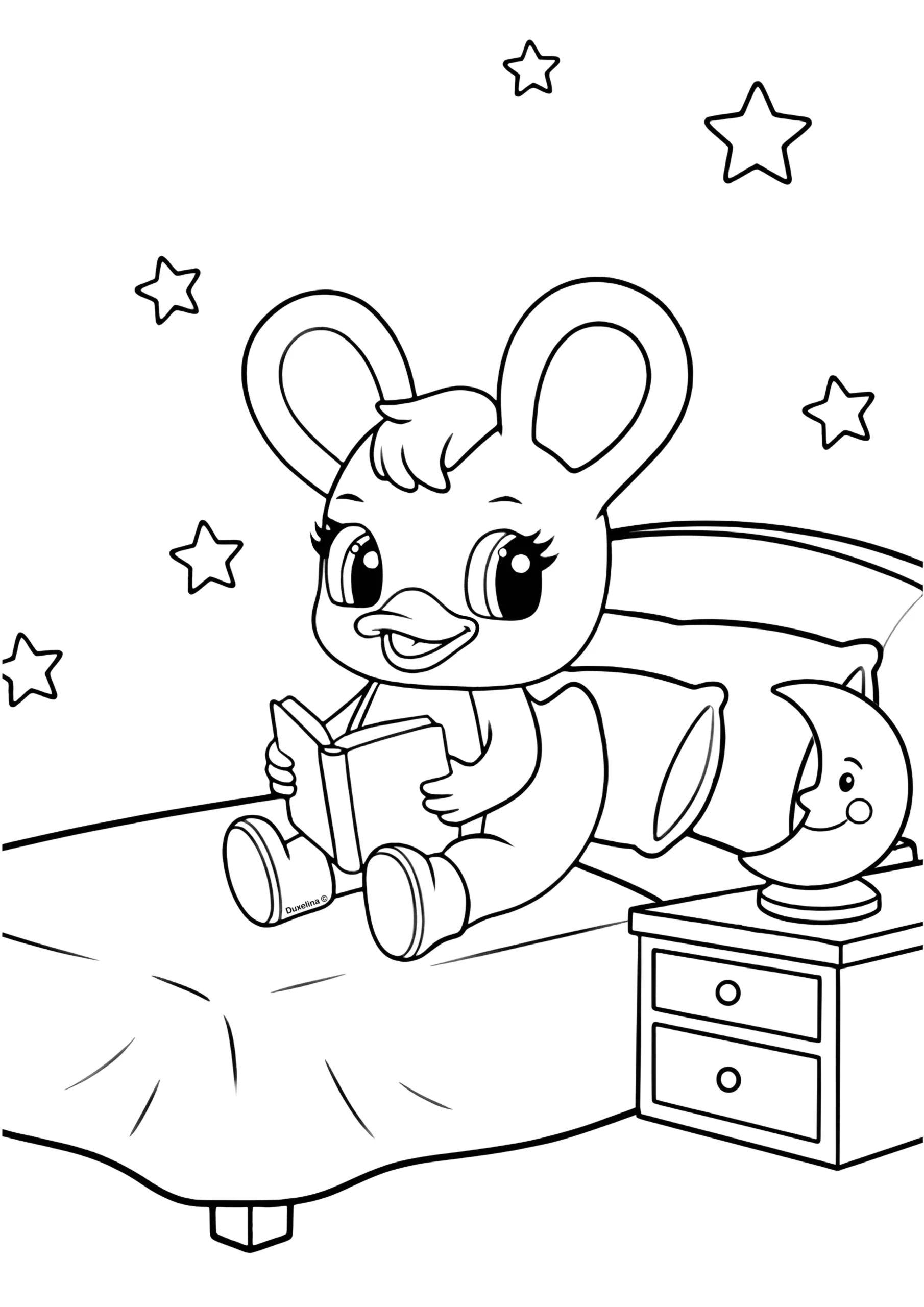 Duxelina lendo um livro na cama desenho para colorir infantil
