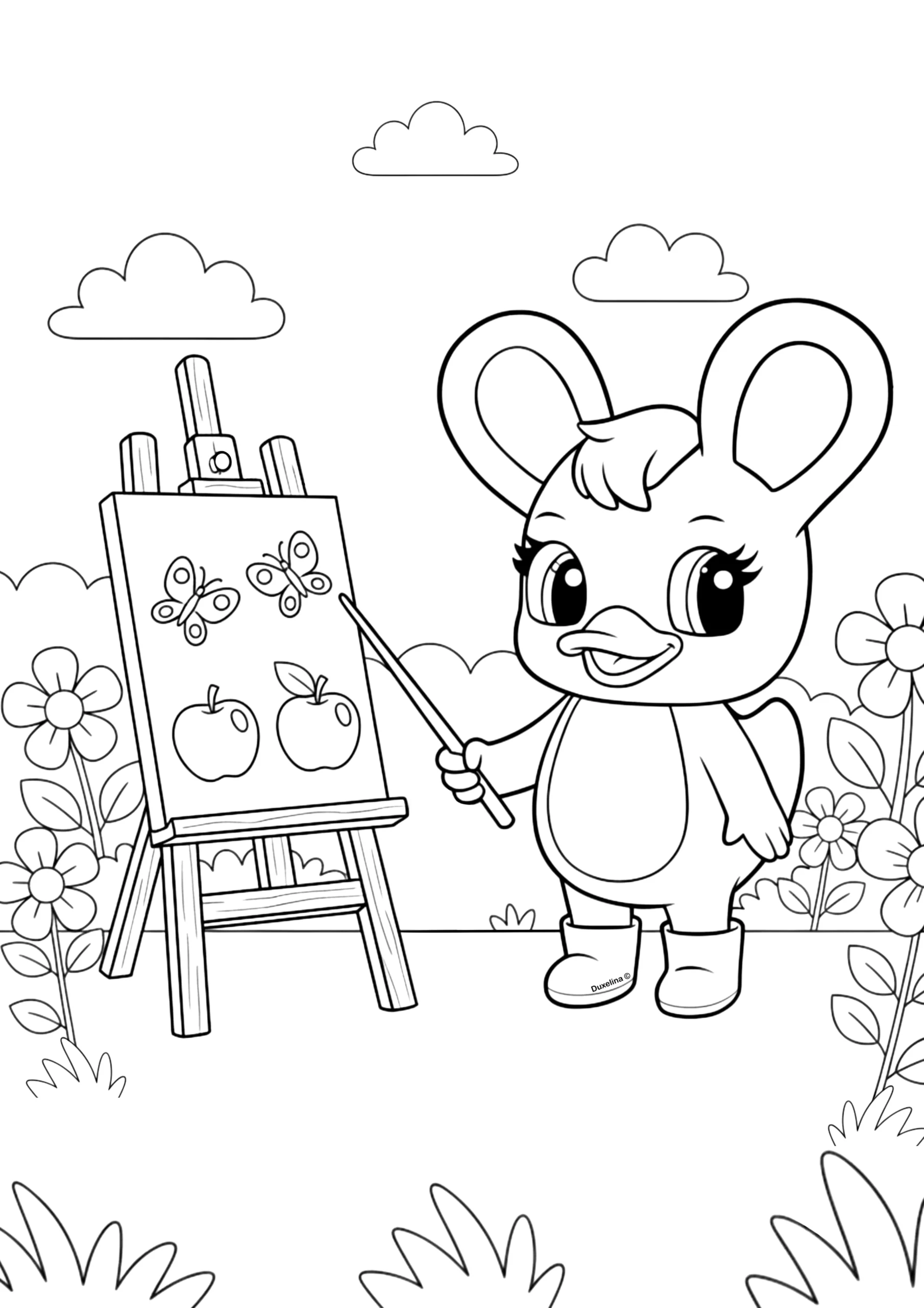 Duxelina professora ensinando desenho para colorir infantil