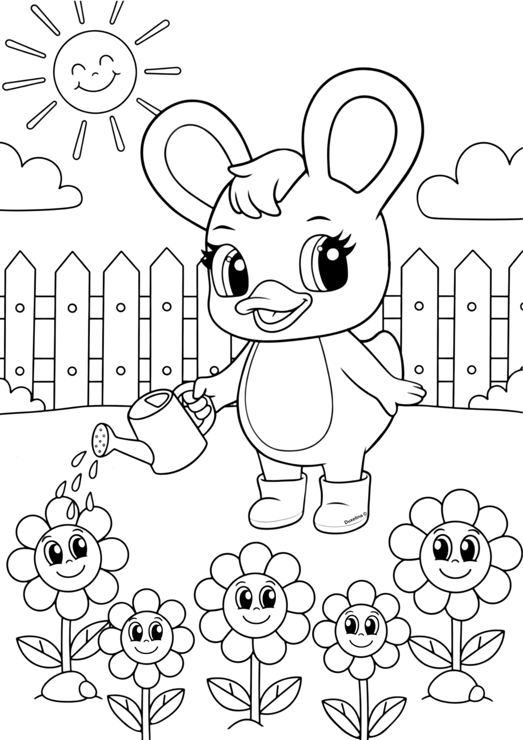 Duxelina regando flores no jardim desenho para colorir infantil